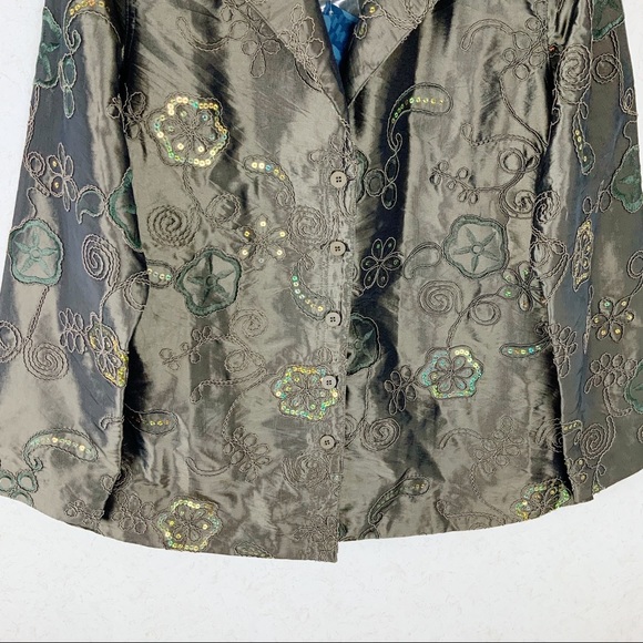 Susan Graver Sequin Taffeta Jacket Sage Green Floral Embroidery Holiday - Picture 3 of 11